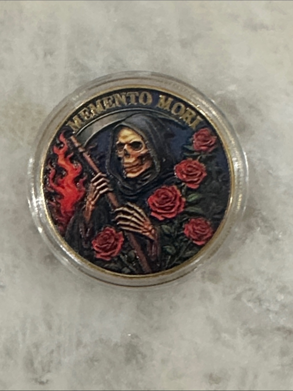 Memento Mori Round Enamel Coin - Red Roses